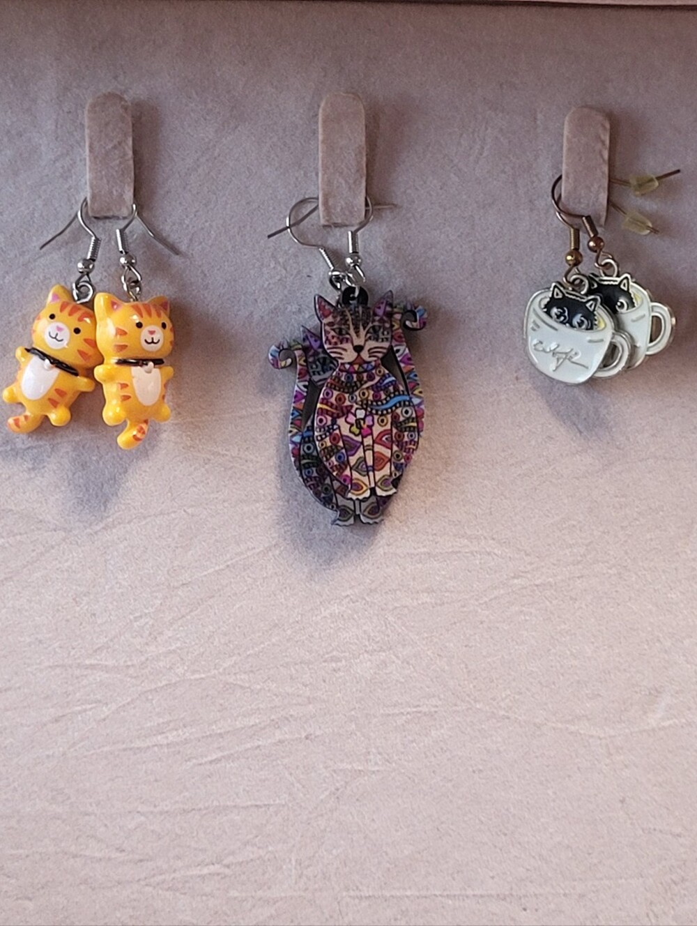 Lot of 3 Pairs Cute Cat Dangle Earrings Orange Resin Laurel Burch Style Enamel
